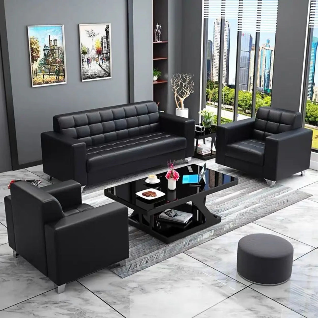 Black Faux Leather Reception Sofa Set with Arms Image - 1