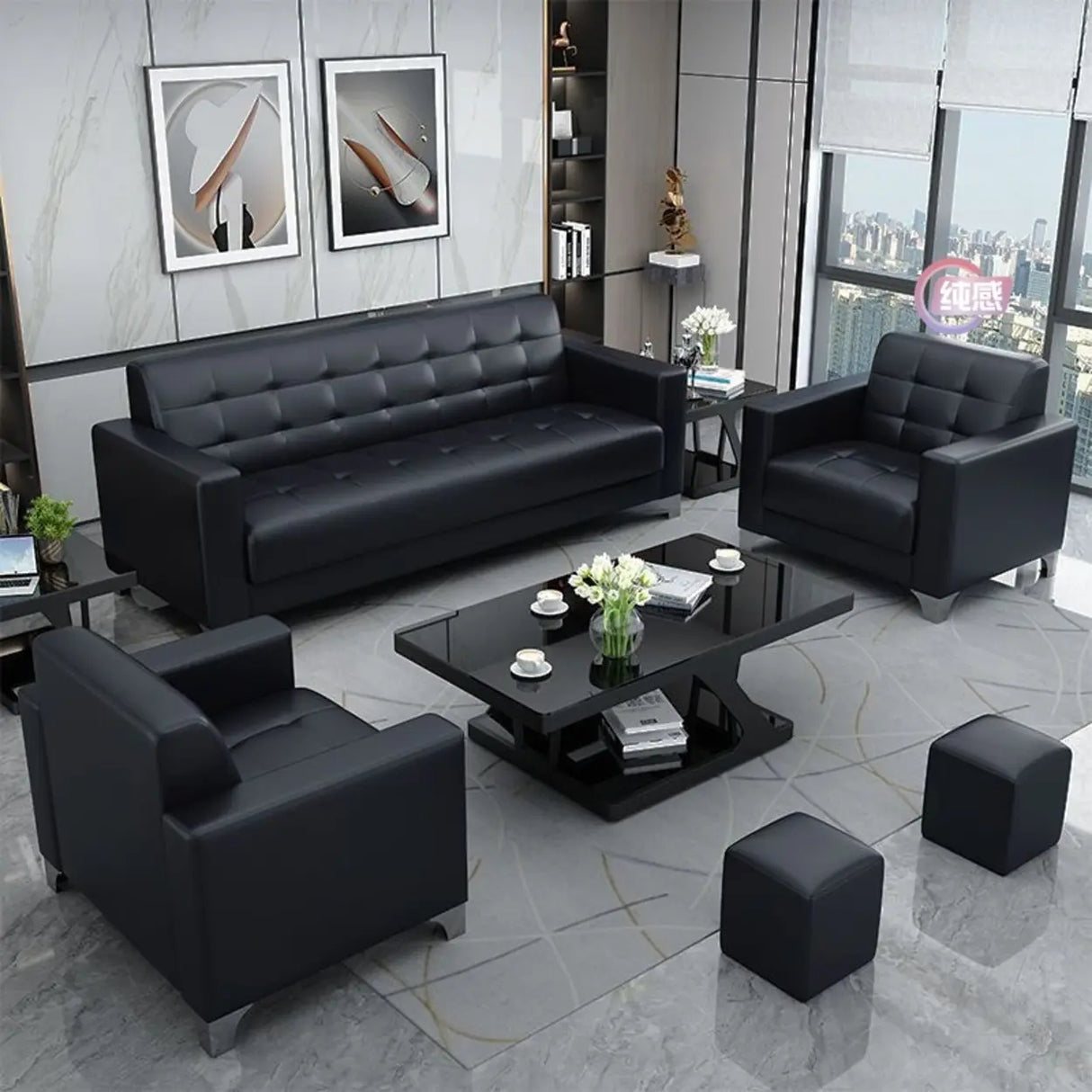 Black Faux Leather Reception Sofa Set with Arms Image - 3