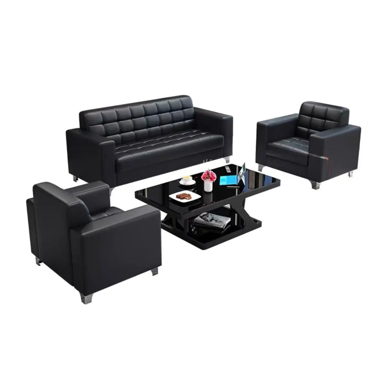 Black Faux Leather Reception Sofa Set with Arms Image - 5