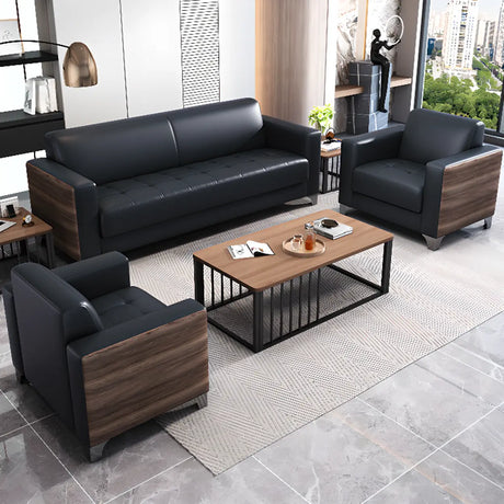 Black Faux Leather Reception Sofa Set with Tables Image - 1