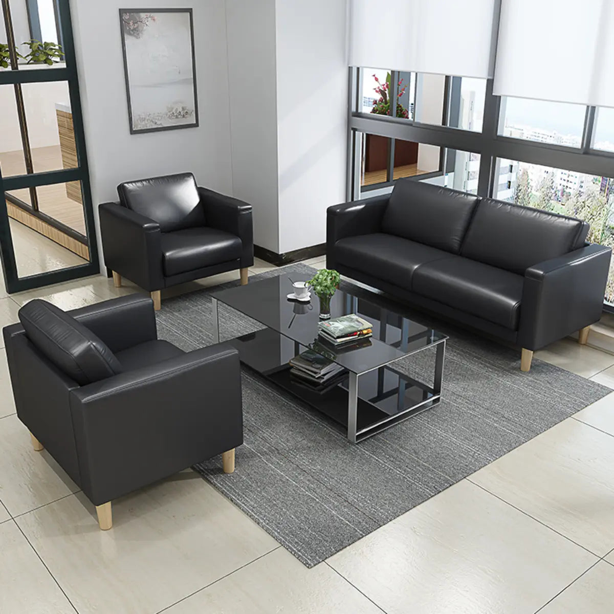 Black Faux Leather Soft Reception Sofa Set with Arms Image - 1