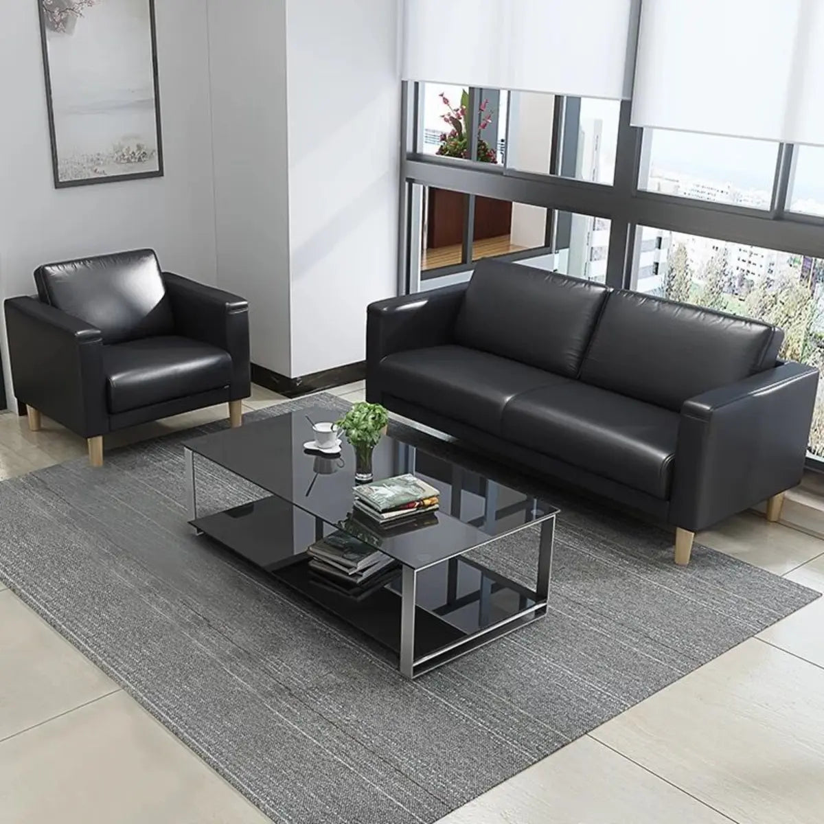 Black Faux Leather Soft Reception Sofa Set with Arms Image - 4