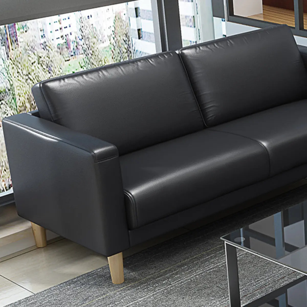 Black Faux Leather Soft Reception Sofa Set with Arms Image - 6