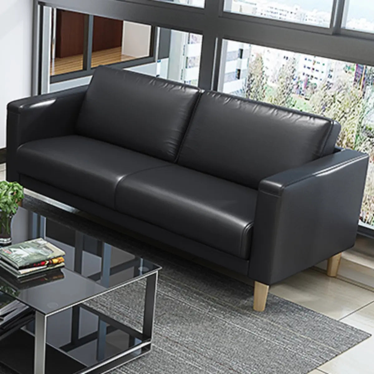 Black Faux Leather Soft Reception Sofa Set with Arms Image - 9