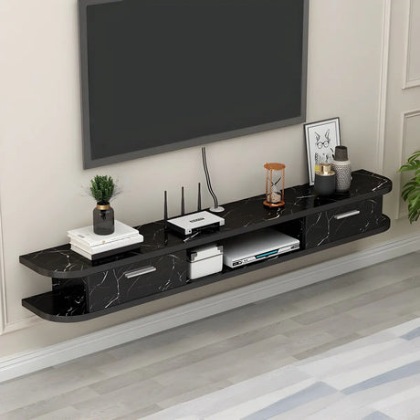 Black Floating Mount Wood Open Storage TV Stand Image - 1