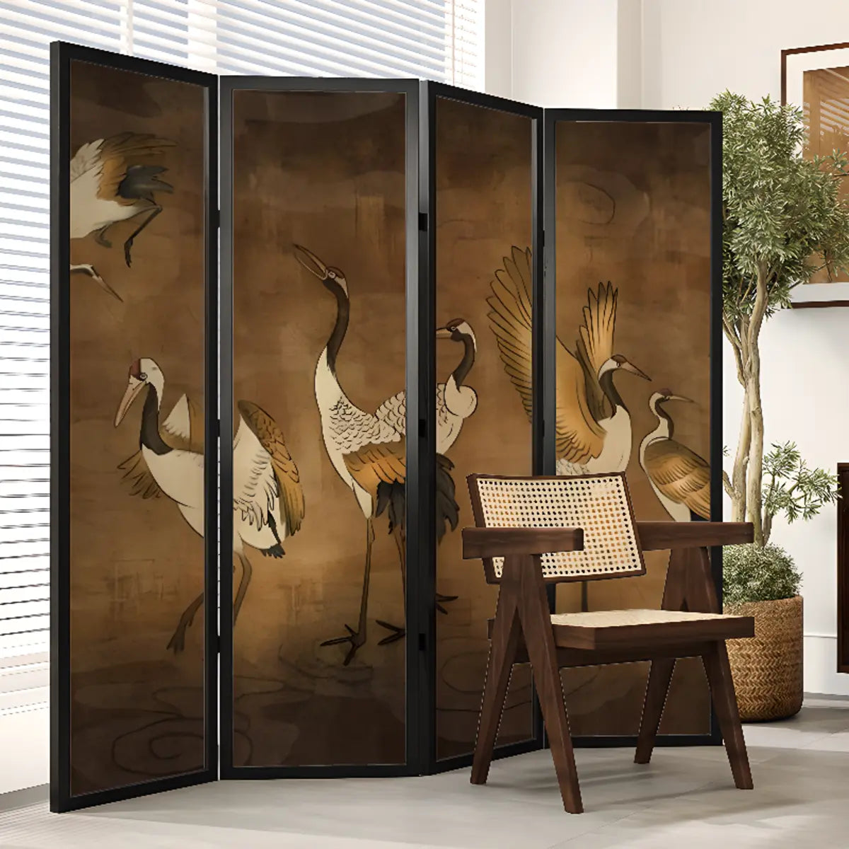 Black Foldable Canvas Swan Pattern Room Divider Screen Image - 6