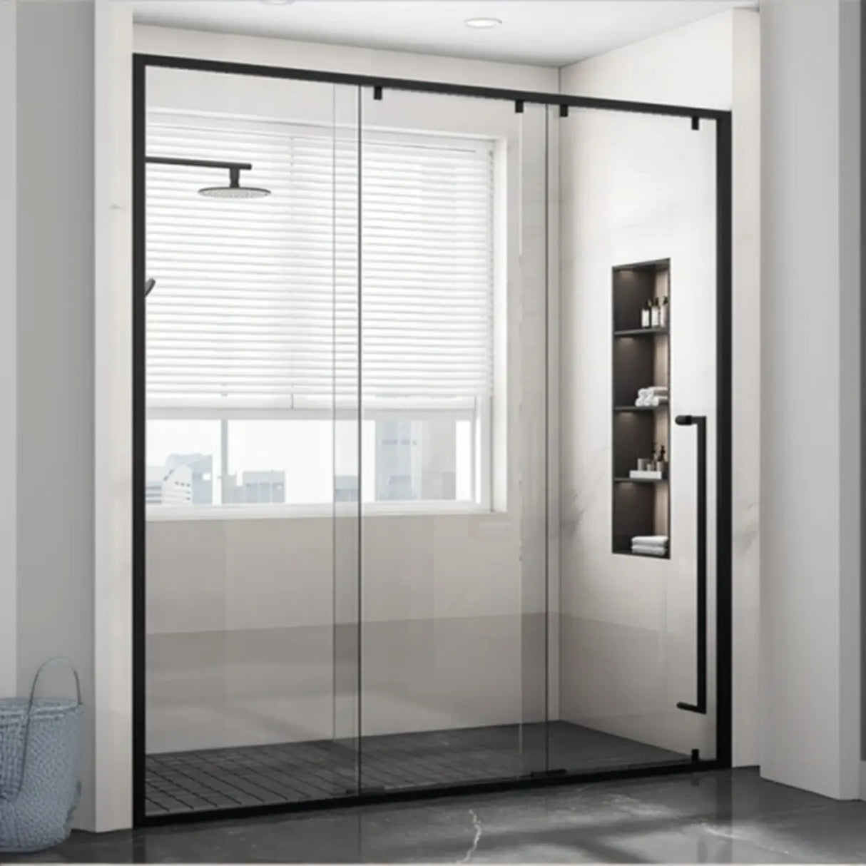 Black Framed Clear Glass Double Sliding Shower Door Image - 4