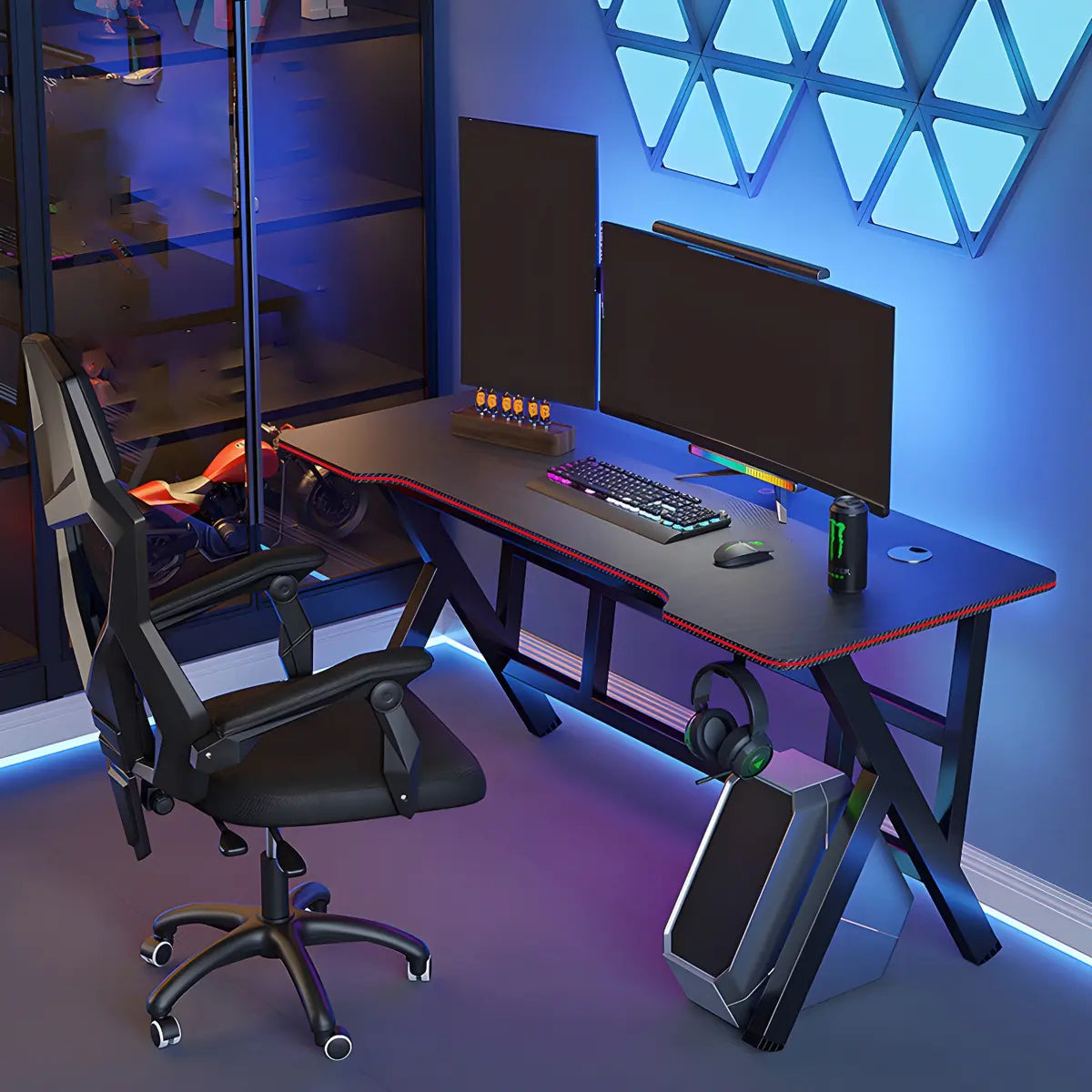 Black Free Form Manufactured Wood Trestle Gaming Desk Image - 1