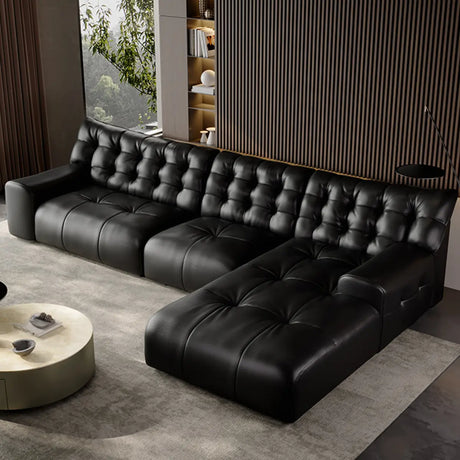 Black Genuine Leather Tight Back Tufted Right Sectional Image - 1