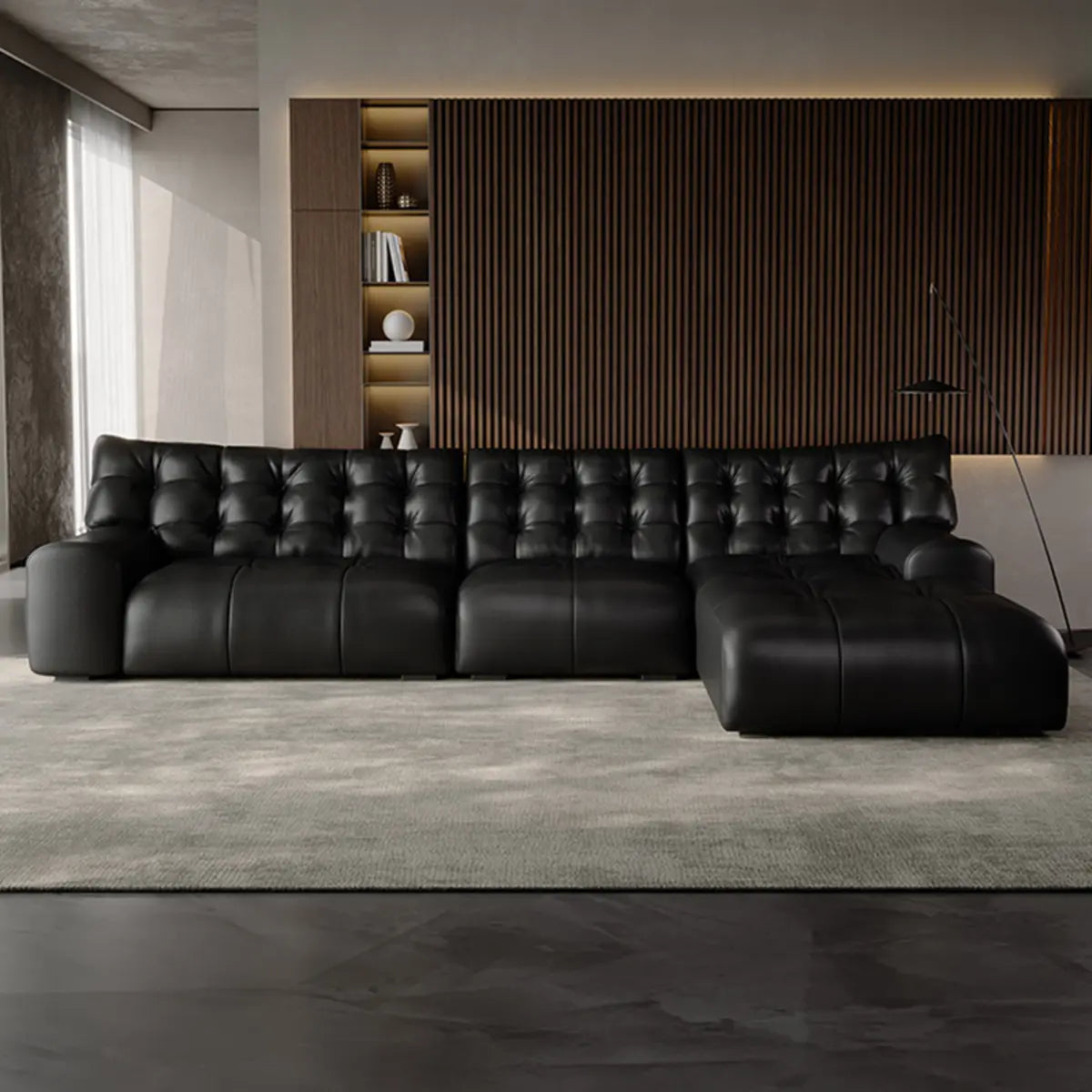 Black Genuine Leather Tight Back Tufted Right Sectional Image - 4