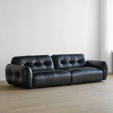 Black Genuine Leather Wood Frame Sofa with Arms Image - 1