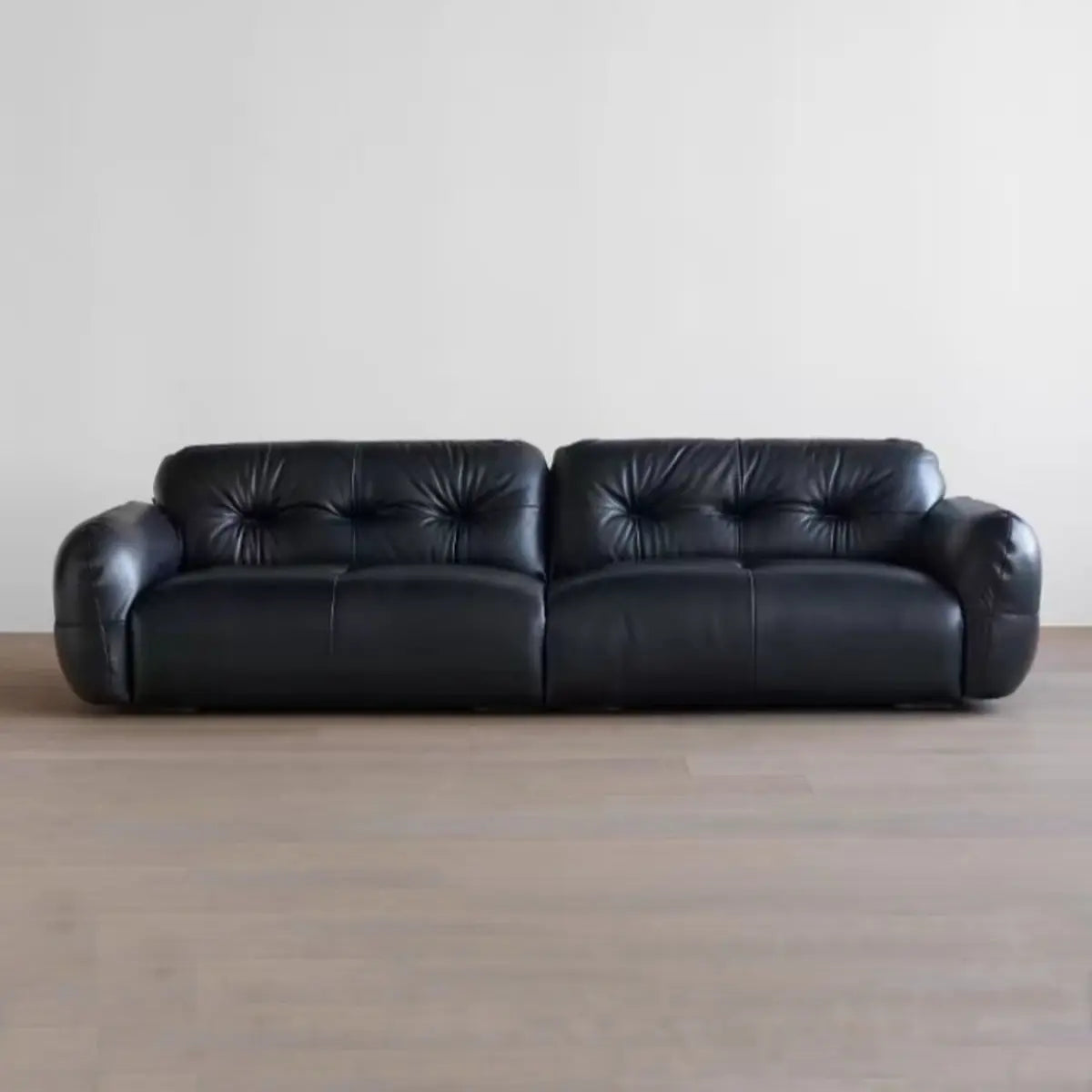 Black Genuine Leather Wood Frame Sofa with Arms Image - 2