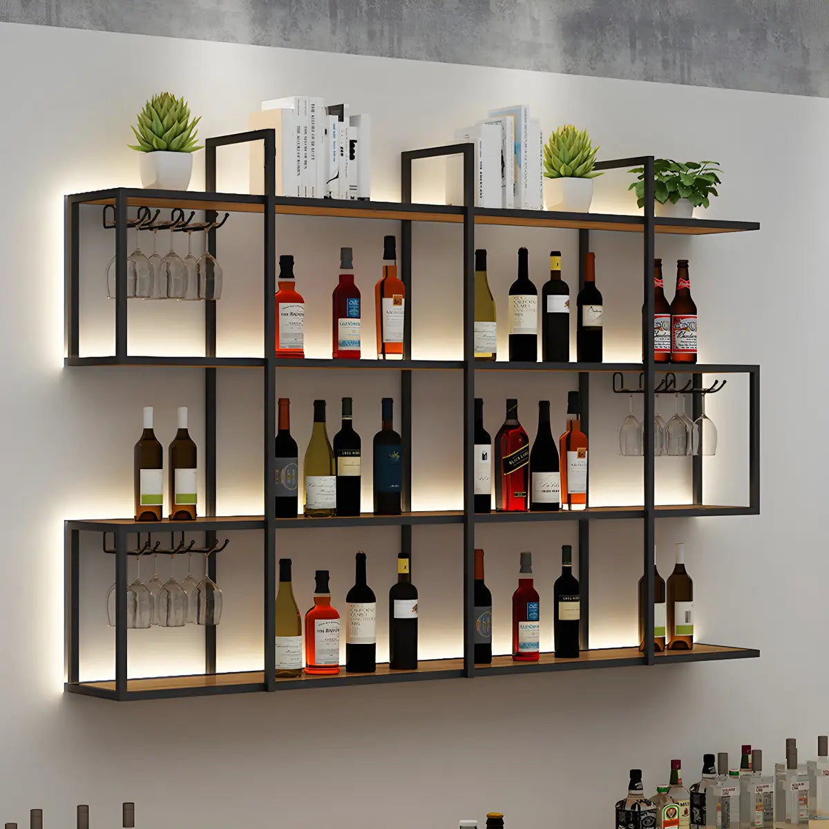 Black Geometric Metal Large Floating Wall Wine Rack Holder Image - 3