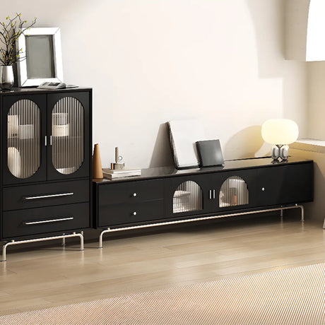 Black Glass Cabinet Drawers Rectangular TV Stand Image - 2