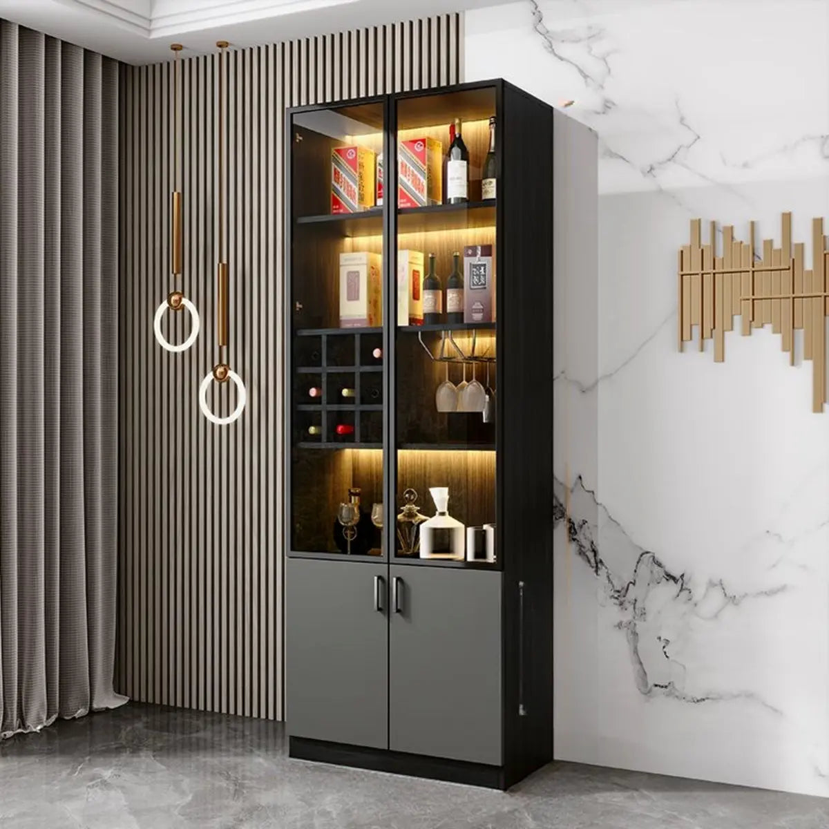 Black Glass Dining Room Lighting Display Wine Cabinets Image - 4