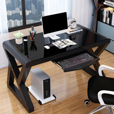 Black Glass Keyboard Tray Steel Trestle Computer Desk Image - 1