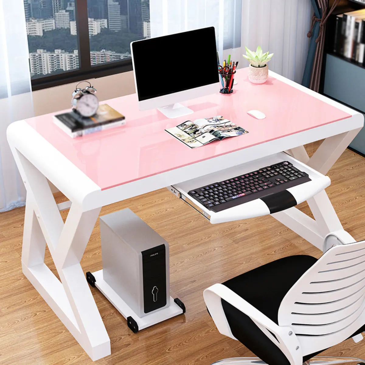 Black Glass Keyboard Tray Steel Trestle Computer Desk Image - 10