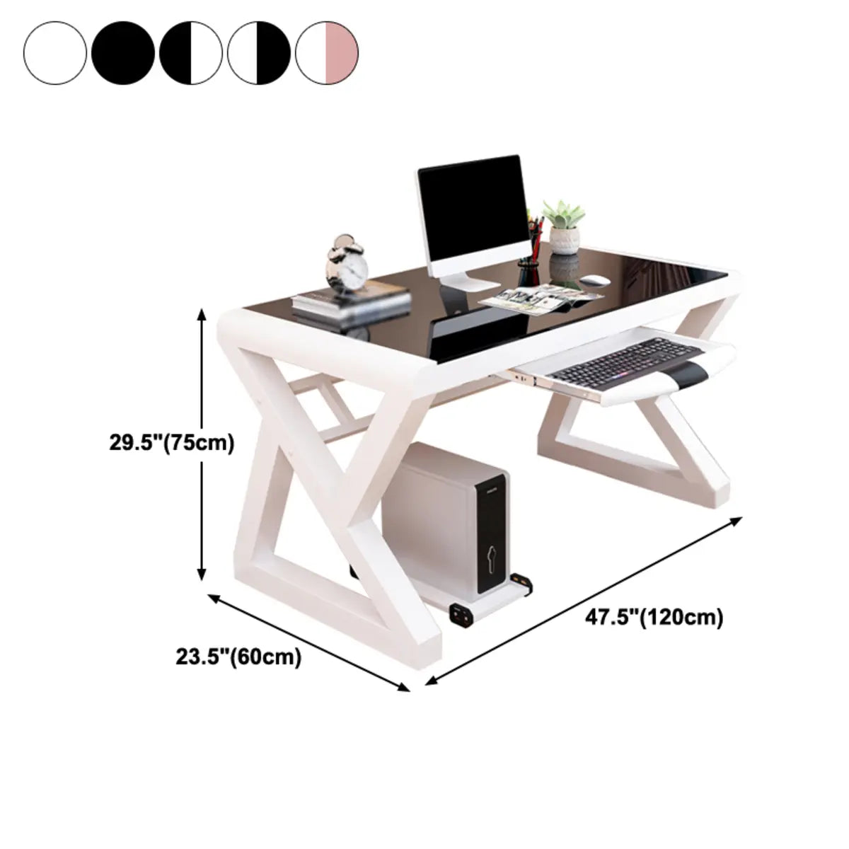 Black Glass Keyboard Tray Steel Trestle Computer Desk 