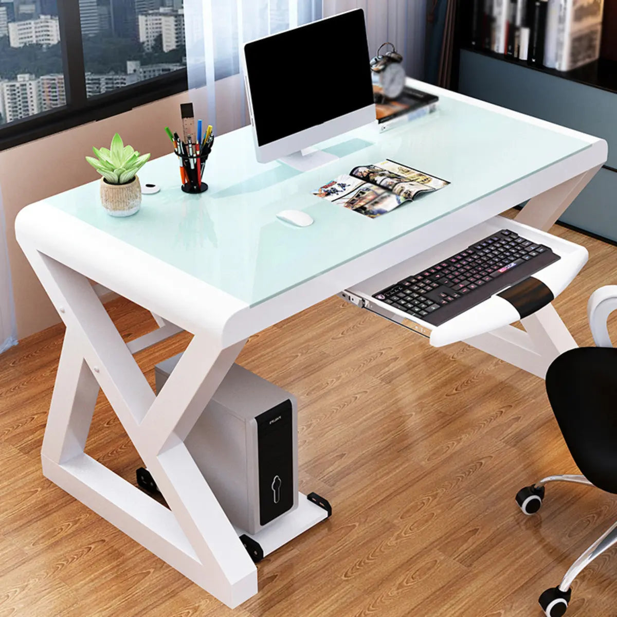 Black Glass Keyboard Tray Steel Trestle Computer Desk Image - 2