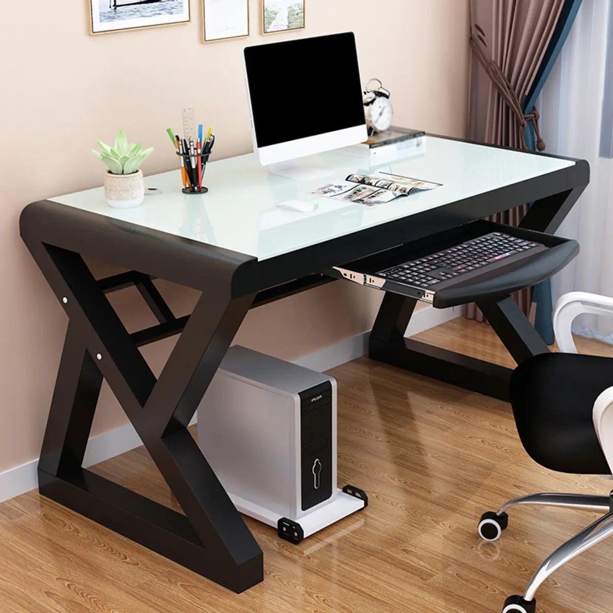 Black Glass Keyboard Tray Steel Trestle Computer Desk Image - 3