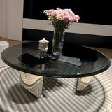 Black Glass Round Silver Steel Three Leg Coffee Table Image - 11