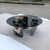 Black Glass Round Silver Steel Three Leg Coffee Table Image - 12