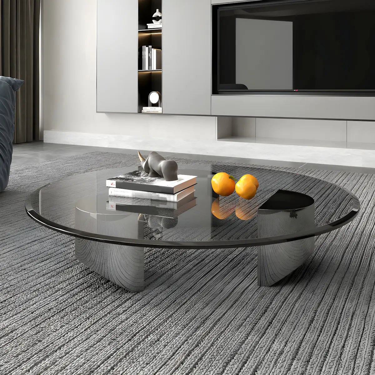 Black Glass Round Silver Steel Three Leg Coffee Table Image - 4