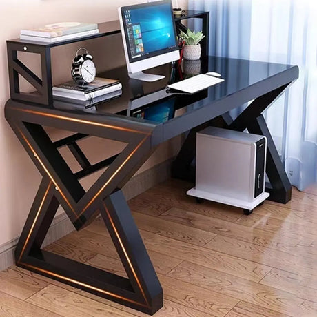 Black Glass Top Bookcase Storage Sled Computer Desk Image - 1