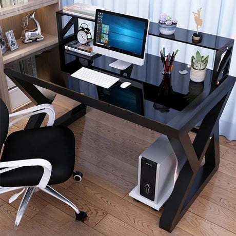 Black Glass Top Bookcase Storage Sled Computer Desk Image - 2