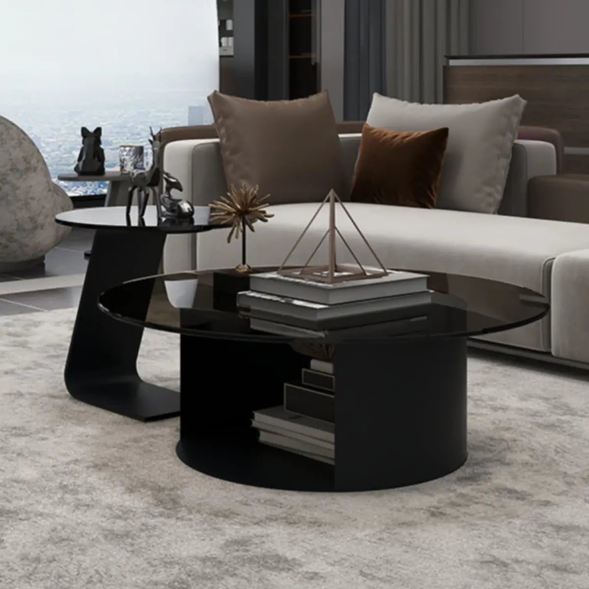 Black Glass Top Nesting Round Coffee Table with Storage Image - 1