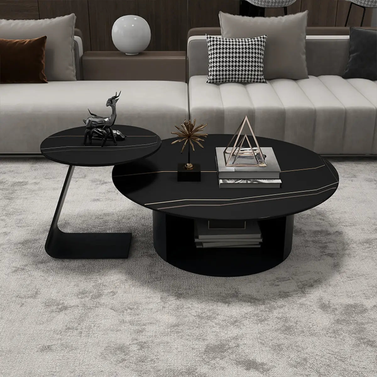 Black Glass Top Nesting Round Coffee Table with Storage Image - 15