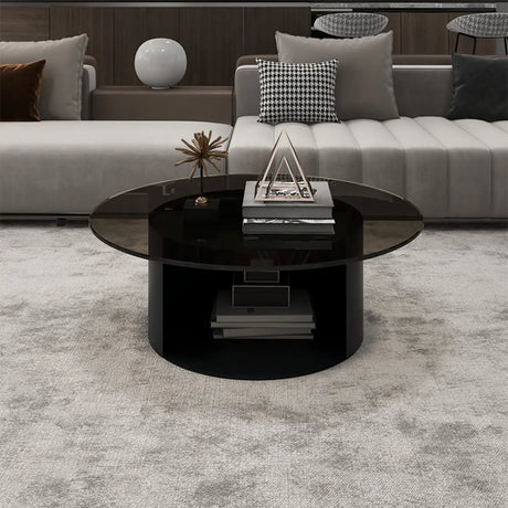 Black Glass Top Nesting Round Coffee Table with Storage Image - 2