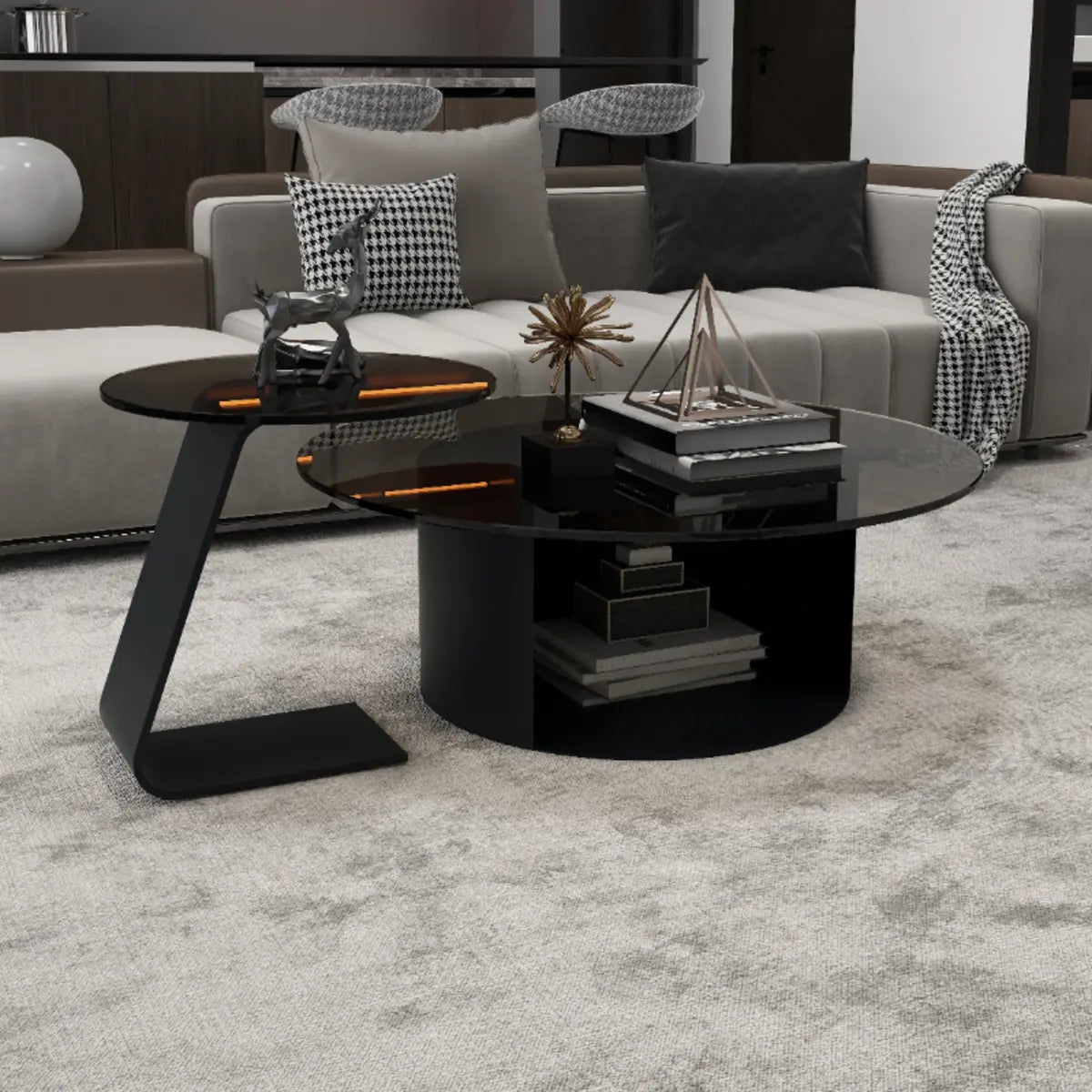 Black Glass Top Nesting Round Coffee Table with Storage Image - 4