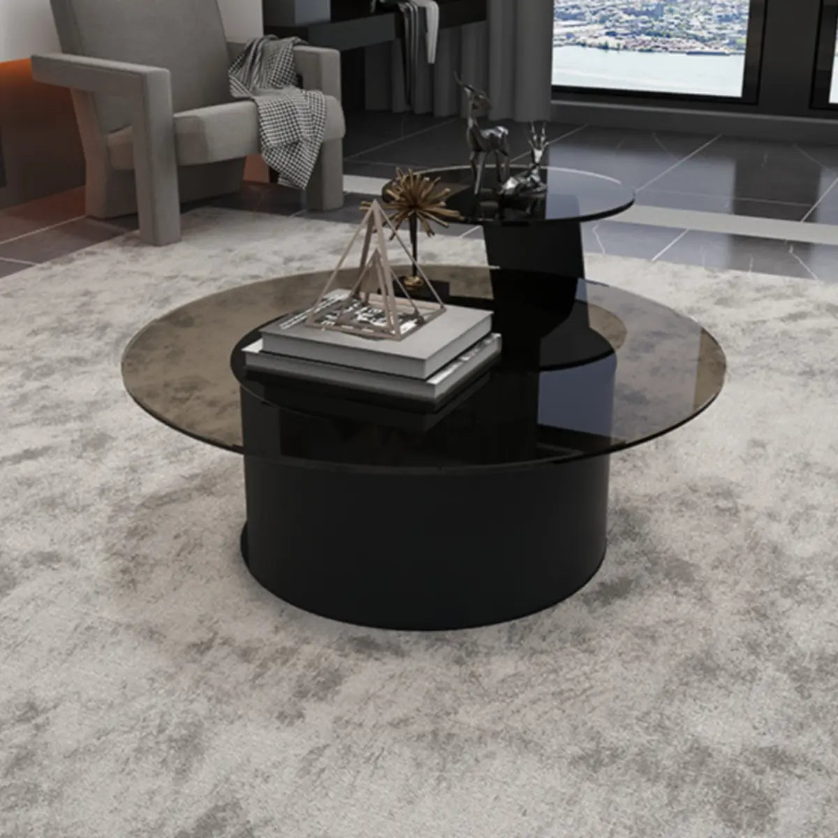 Black Glass Top Nesting Round Coffee Table with Storage Image - 6