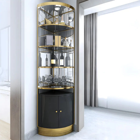 Black Gold Arc Glass Tall Display Corner Wine Cabinet Image - 1