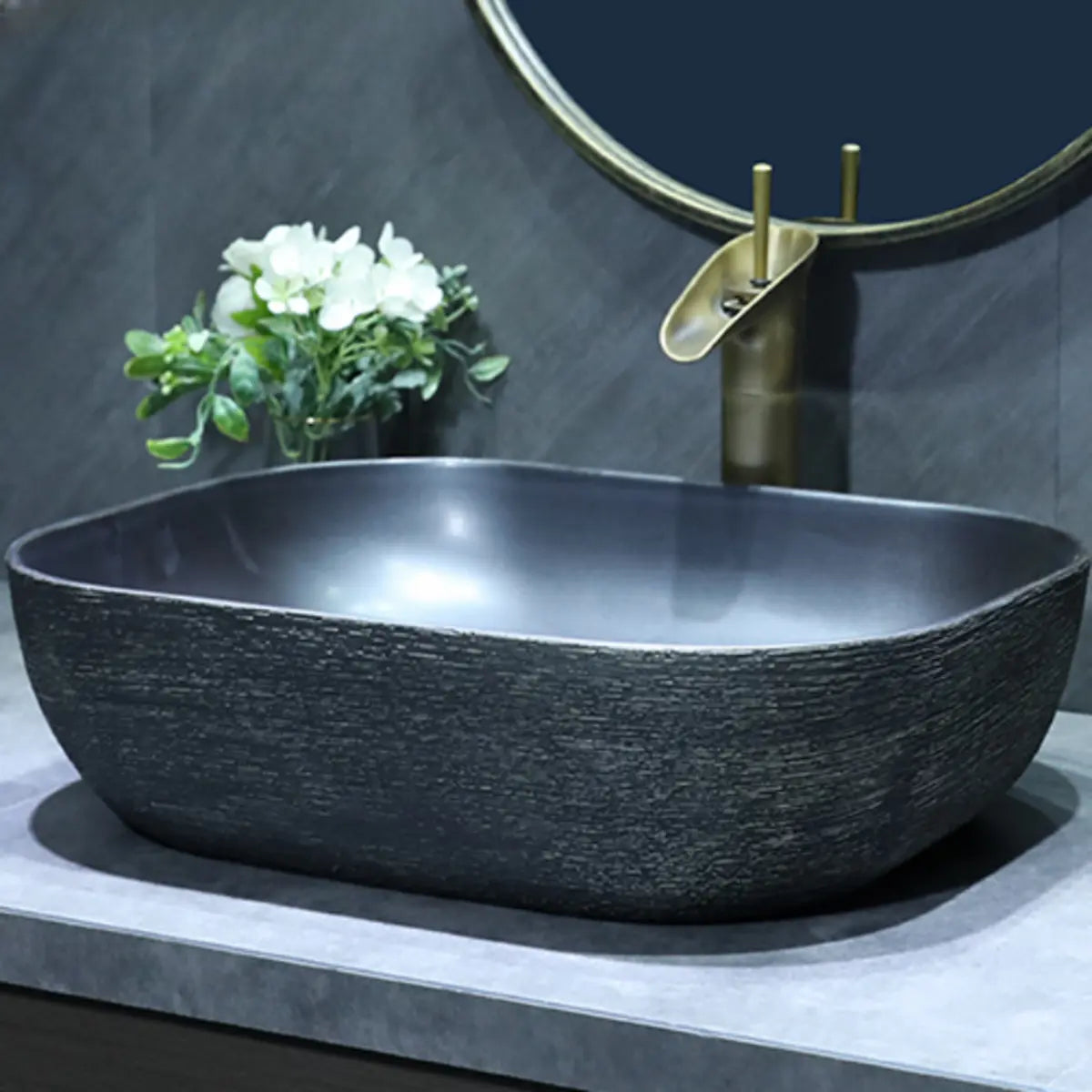 Black Gray Oval Ceramic Hand Carved Vessel Sink Image - 12