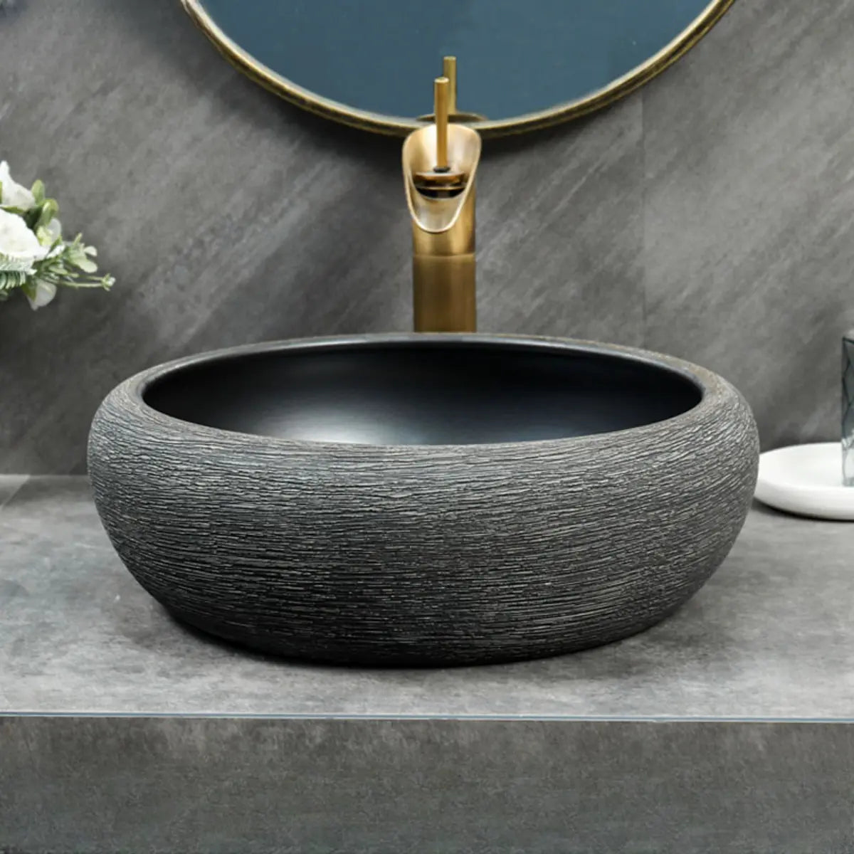 Black Gray Oval Ceramic Hand Carved Vessel Sink Image - 13