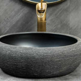 Black Gray Oval Ceramic Hand Carved Vessel Sink Image - 14