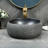 Black Gray Oval Ceramic Hand Carved Vessel Sink Image - 16