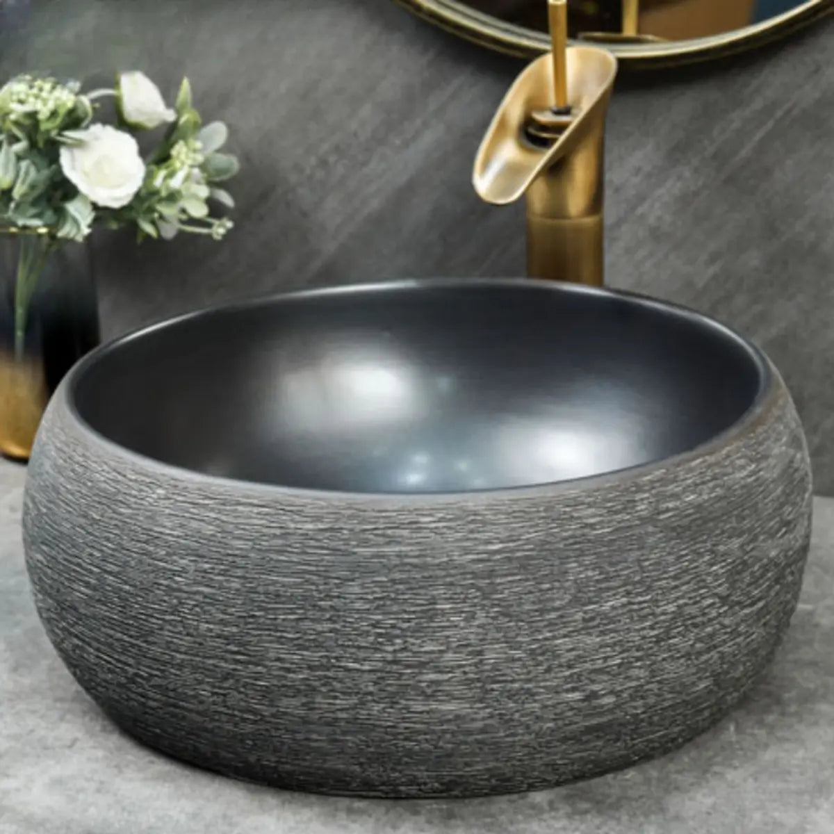 Black Gray Oval Ceramic Hand Carved Vessel Sink Image - 17