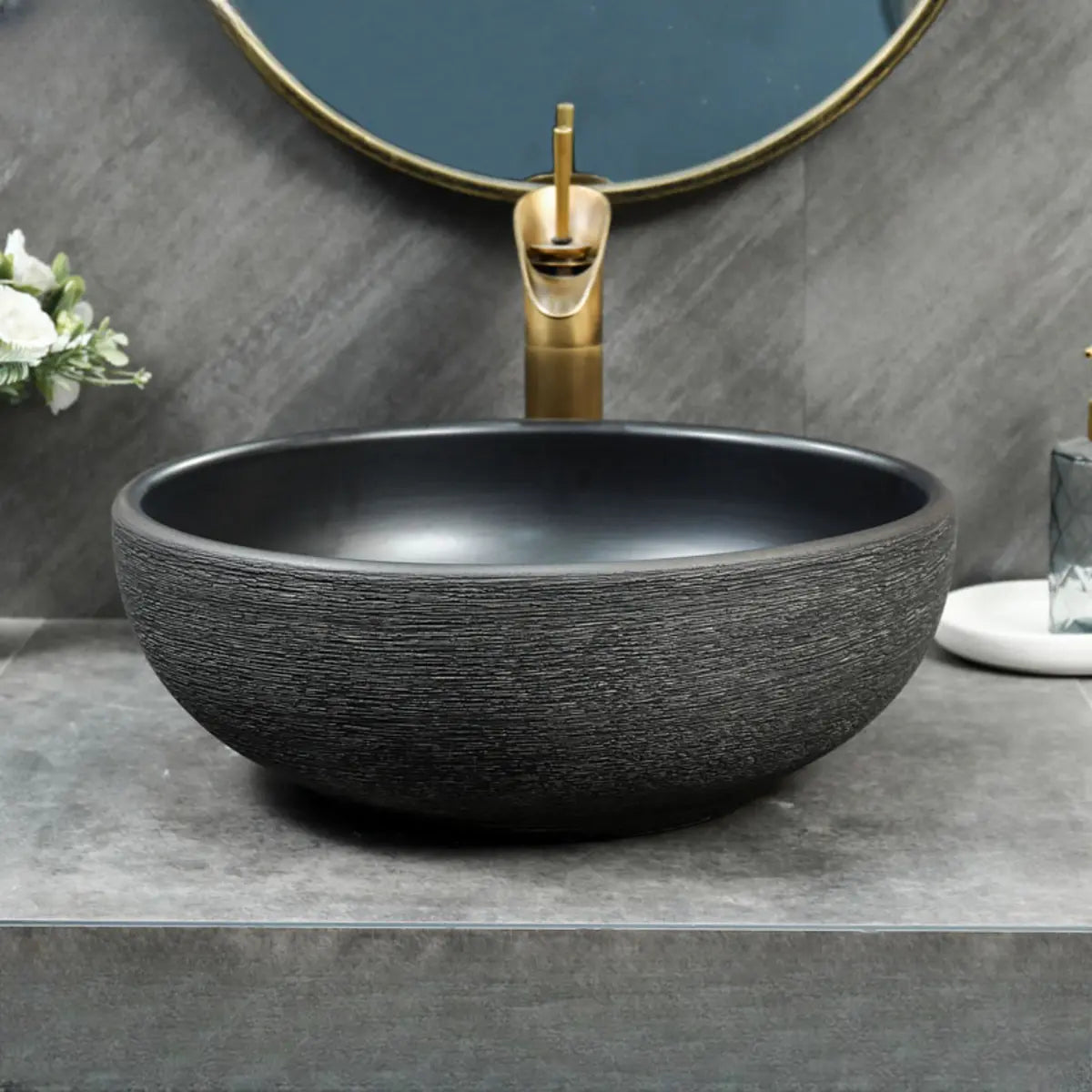 Black Gray Oval Ceramic Hand Carved Vessel Sink Image - 18