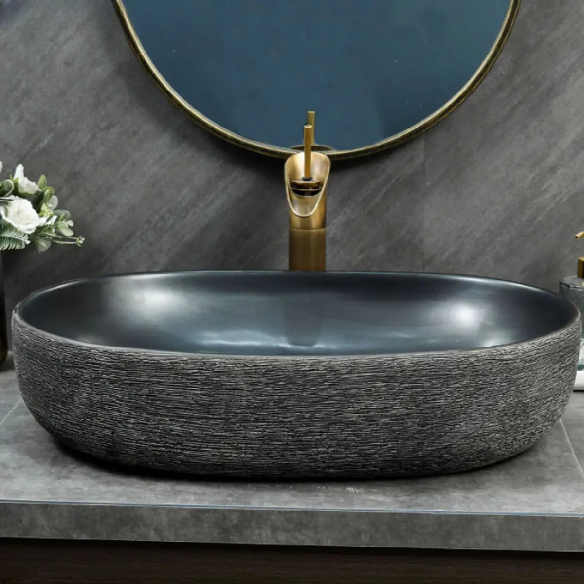 Black Gray Oval Ceramic Hand Carved Vessel Sink Image - 2