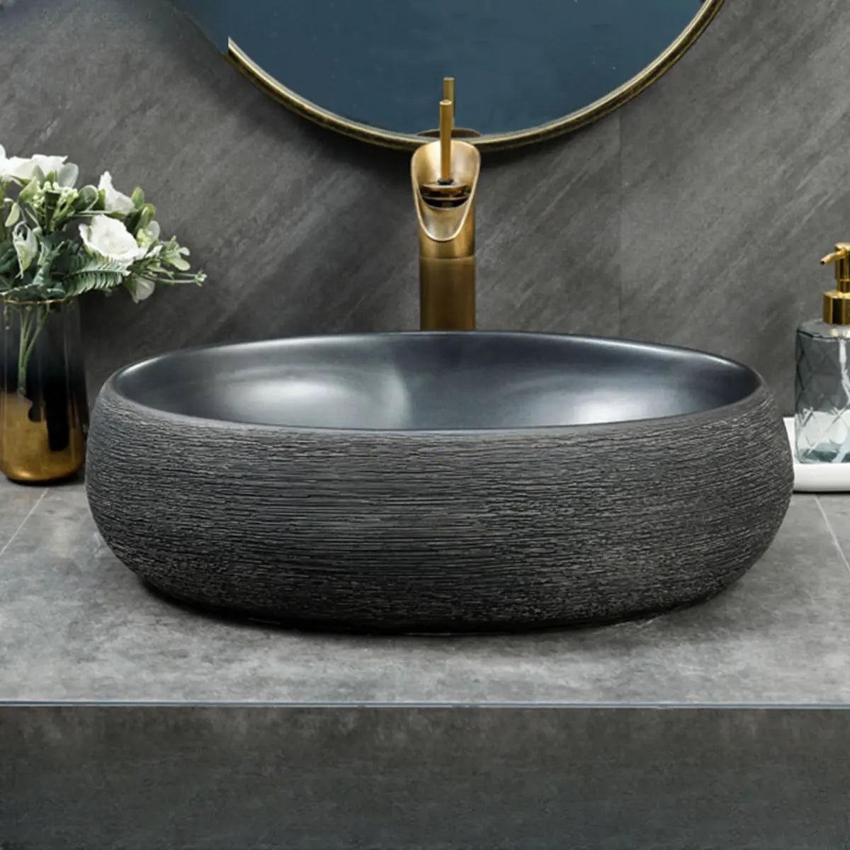 Black Gray Oval Ceramic Hand Carved Vessel Sink Image - 22