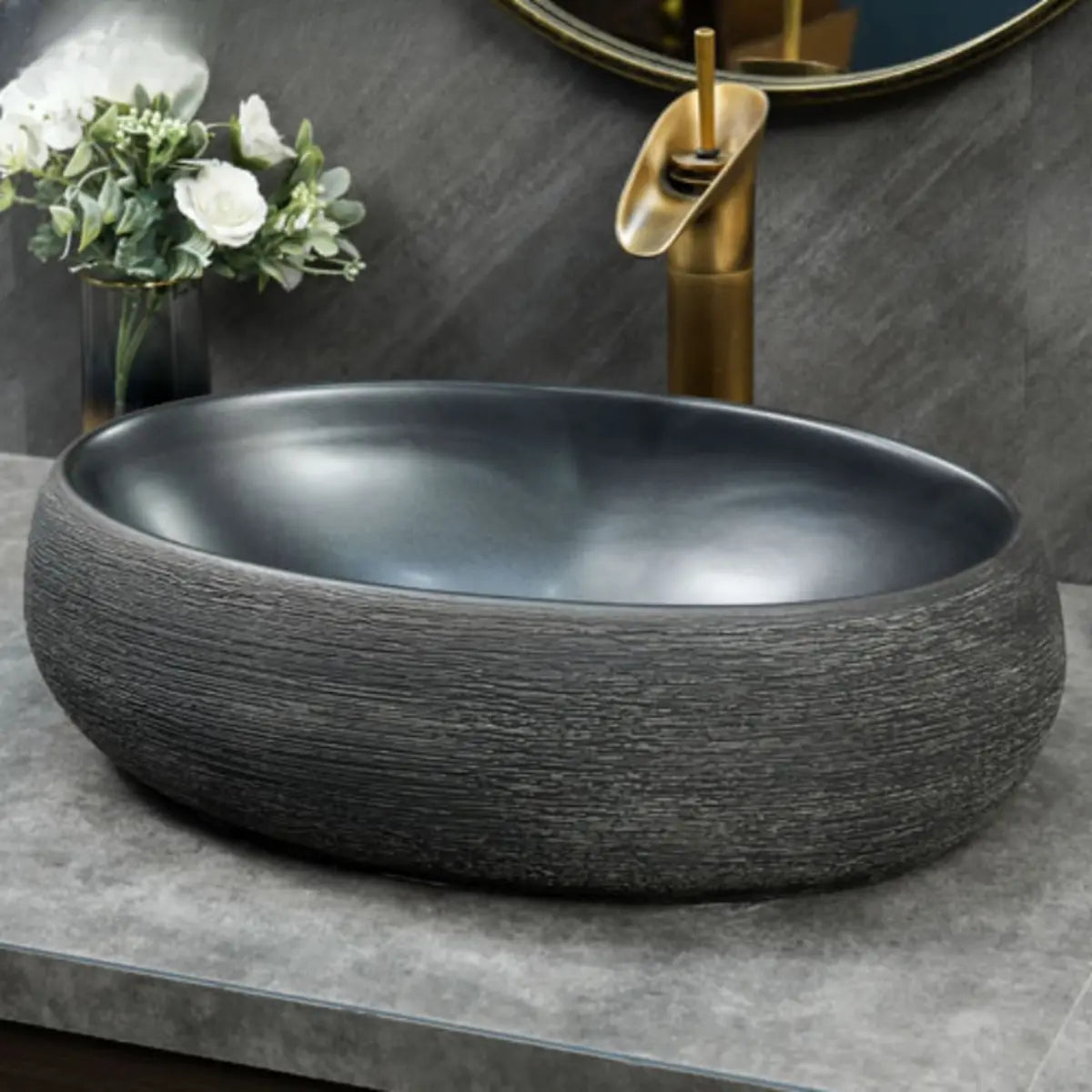 Black Gray Oval Ceramic Hand Carved Vessel Sink Image - 23