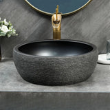 Black Gray Oval Ceramic Hand Carved Vessel Sink Image - 24