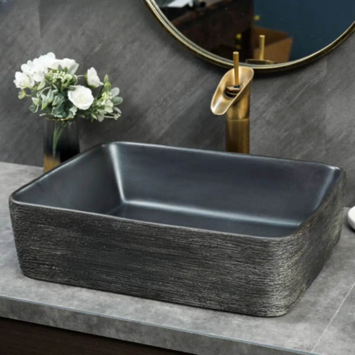 Black Gray Oval Ceramic Hand Carved Vessel Sink Image - 27