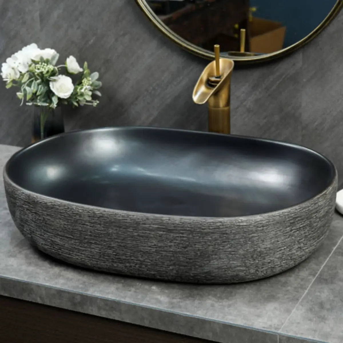 Black Gray Oval Ceramic Hand Carved Vessel Sink Image - 3