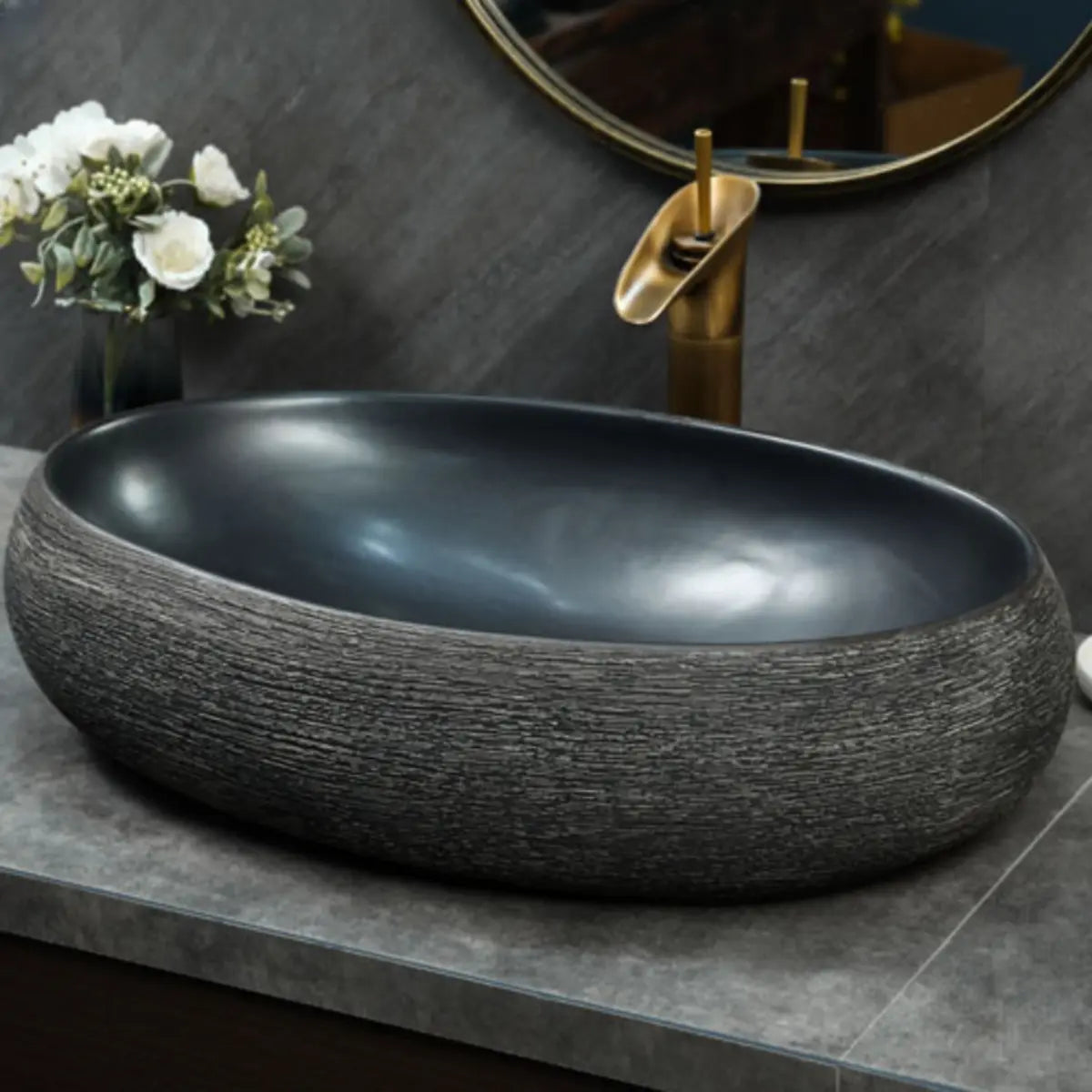 Black Gray Oval Ceramic Hand Carved Vessel Sink Image - 8