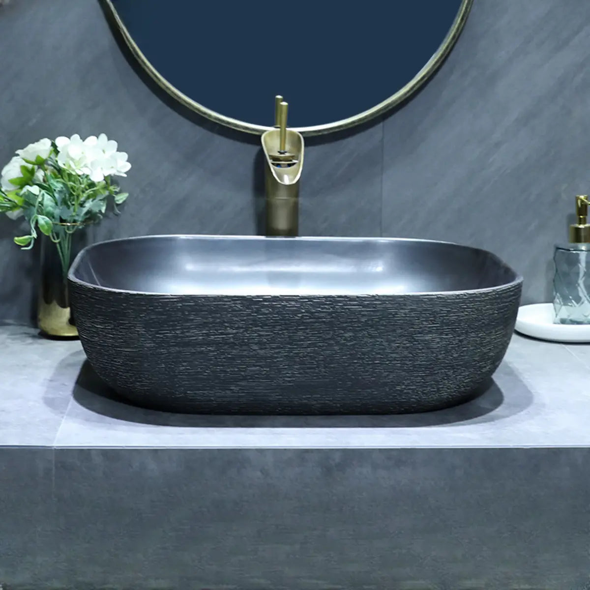 Black Gray Oval Ceramic Hand Carved Vessel Sink Image - 9