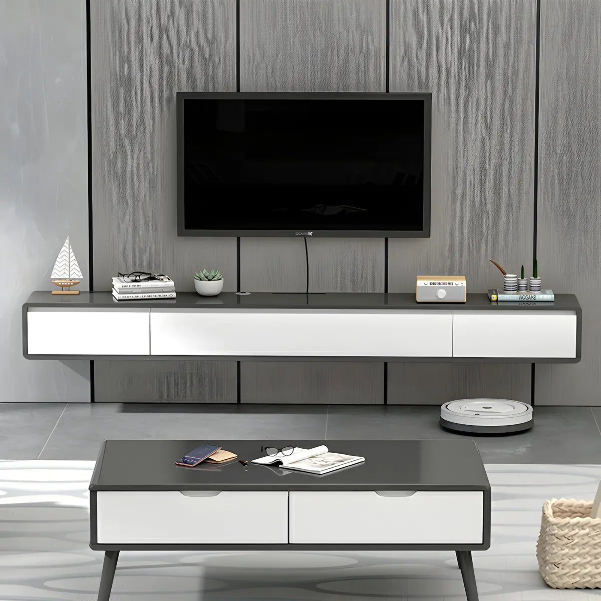 Black-Gray Rubberwood Cabinet Floating Mount TV Stand Image - 8